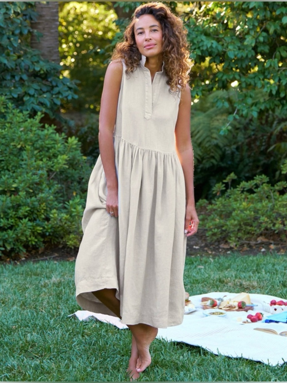 Frank & Eileen Daphne Dress Sleeveless Linen Popover Tan Size XL Midi